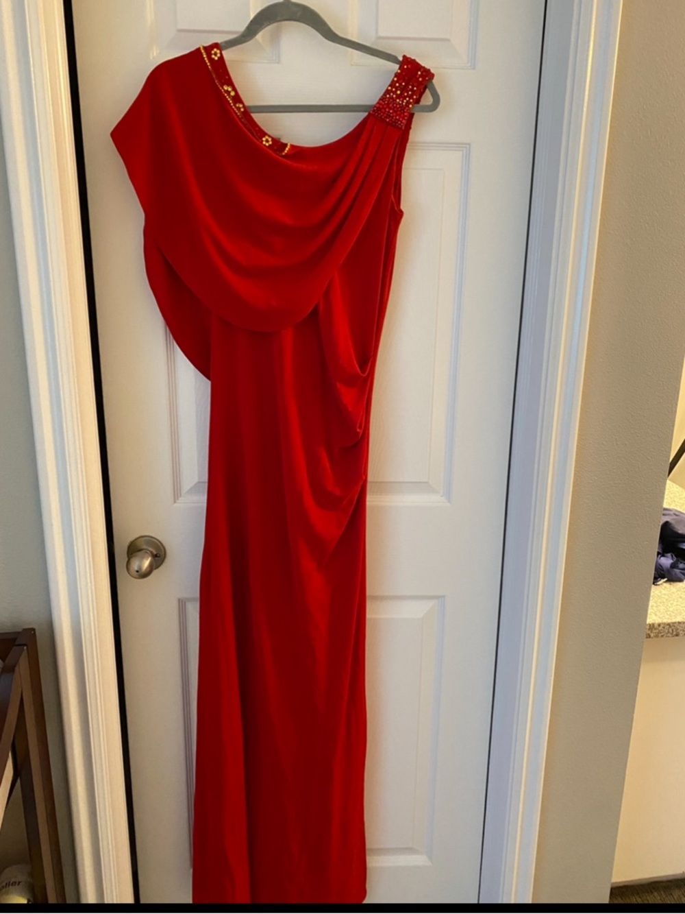 Swarovski Crystal Red Cape Dress with Pleated Shoulder - Picture 2 of 8